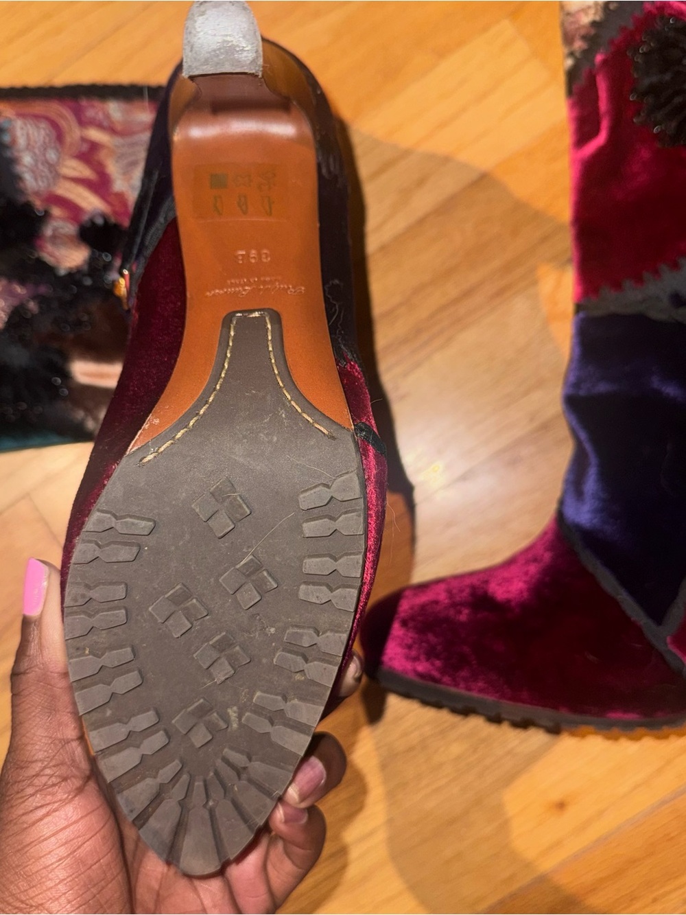 RARE! Ralph Lauren Remmy Boots Purple Label  Silk Velvet Patchwork Sz 39 8.5 - Picture 7 of 7